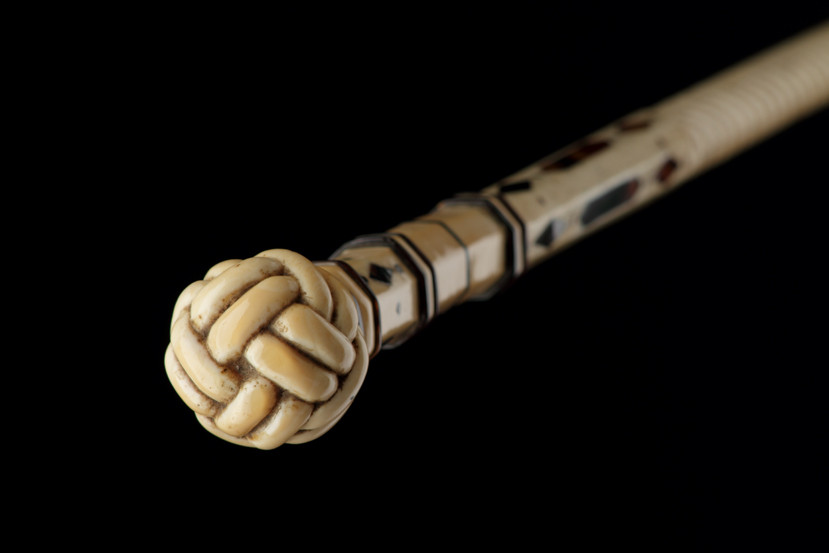 Sailors Scrimshaw Whalebone and Sperm Whale Tooth Walking Cane